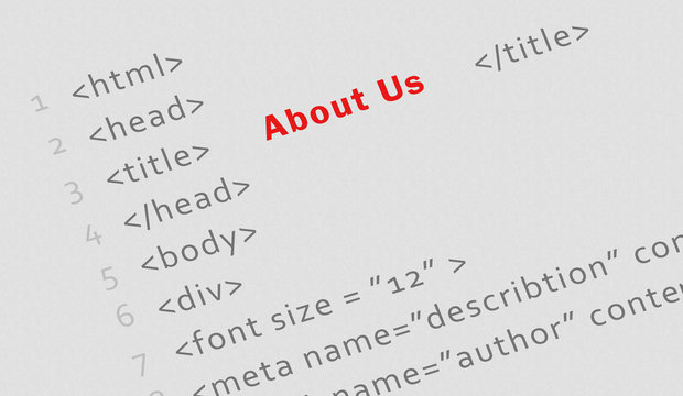 Business concept: Printed html code for "About us" page - technology banner
