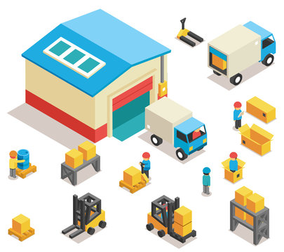 Isometric factory distribution warehouse building with trucks