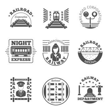 Vector set of railway emblem. Railroad labels or logos