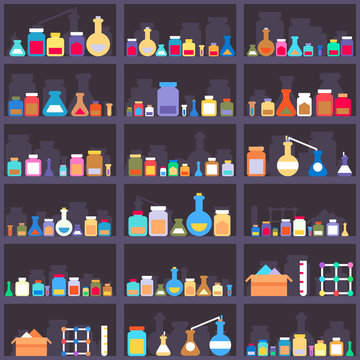 Alchemical elixirs or chemicals and medications on cabinet