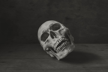 Still life black and white photography with a human skull in the