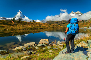 Famous Matterhorn peak and Leisee alpine glacier lake,Valais,Switzerland