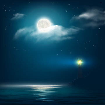 Night nature cloudy sky with stars, moon and calm sea with lighthouse. Vector illustration