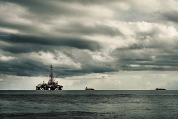 Offshore oil rig platform at sea in Trinidad and Tobago petroleum industry