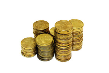 Golden coins isolated on white background.Russian metallic roubles.
