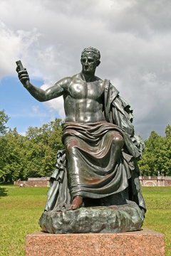 ST. PETERSBURG, TSARSKOYE SELO, RUSSIA - JUNE 26, 2008: The Roman Emperor Nerva Sculpture in front of a Granite terrace