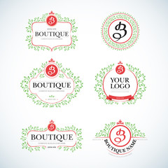 Naklejka premium Boutique Luxury Vintage, Crests logo templates set. Business sign, identity for Restaurant, Royalty, Boutique, Hotel, Heraldic, Jewelery, Fashion ,Real estate,Resort logotypes. Vector illustration.