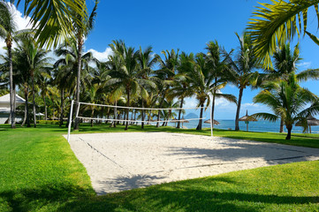 Beach volleyball net on a tropical resort