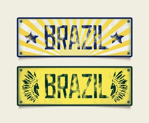 Design signboard in style car plates with inscription BRAZIL. Vector eps 10