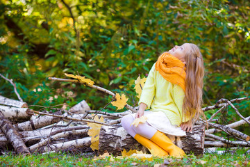 Adorable little girl outdoors at beautiful autumn day