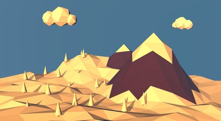 Low poly mountain winter landscape. Snow on top of hills and