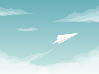 Paper plane background with airplane flying above clouds