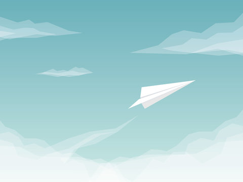 Paper Plane Background With Airplane Flying Above Clouds