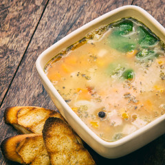 Yellow split pea soup with croutons