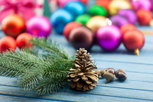 Pine cone and acorns with Christmas toys