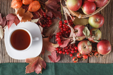 Fall symbols on rustic wooden background