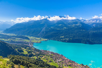 Fototapeta na wymiar Aerial view of Brienzer lake and the Brienz city