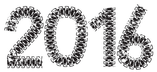 2016 inscription made from tank and tractor tracks, isolated on white