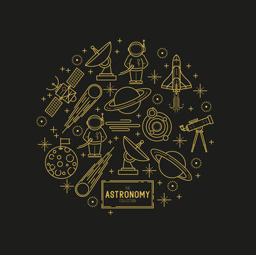 Astronomy Gold Vector Icon Set. A Collection Of Space Themed Line Icons Including A Planet, Rocket, Spaceman And Solar System. Vector Illustration.