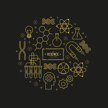 Science Vector Icon Set. A collection of gold science themed line icons including a atom, chemistry symbols and equipment. Layered Vector illustration.