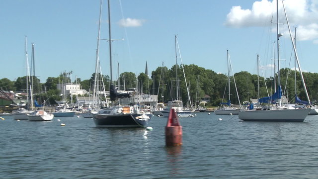 Moored sailboats at marina.
