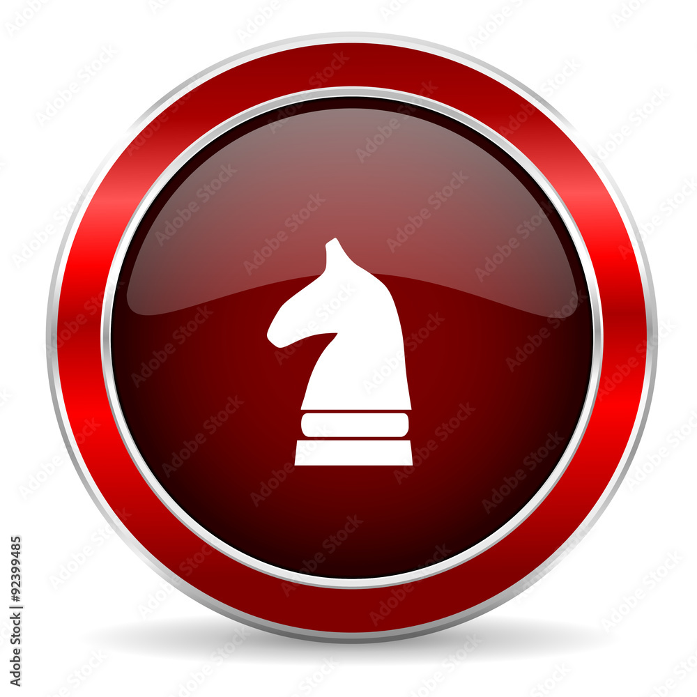 Poster chess horse red circle glossy web icon, round button with metallic border