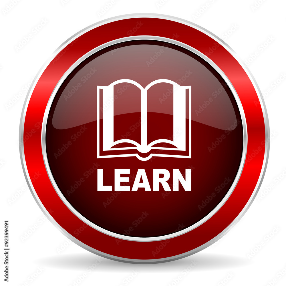 Poster learn red circle glossy web icon, round button with metallic border