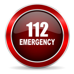 number emergency 112 red circle glossy web icon, round button with metallic border