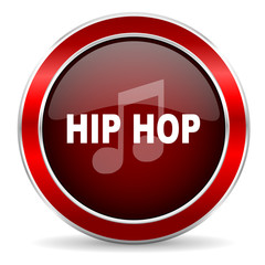 hip hop red circle glossy web icon, round button with metallic border