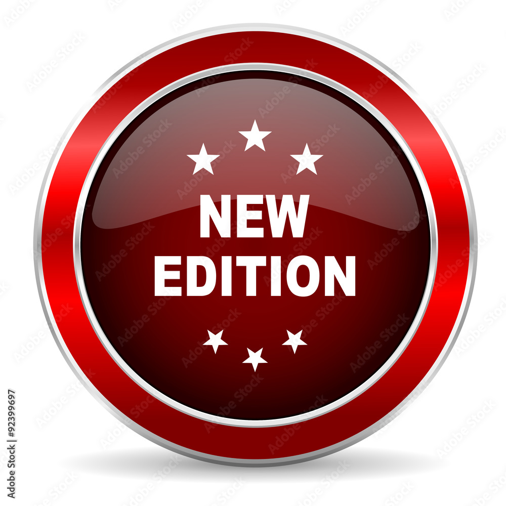 Poster new edition red circle glossy web icon, round button with metallic border