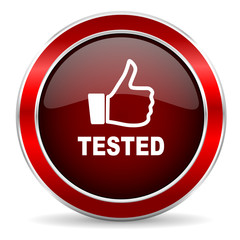 tested red circle glossy web icon, round button with metallic border