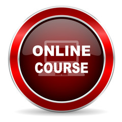 online course red circle glossy web icon, round button with metallic border