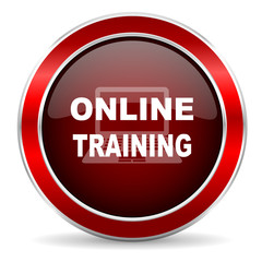 online training red circle glossy web icon, round button with metallic border