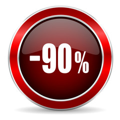 90 percent sale retail red circle glossy web icon, round button with metallic border