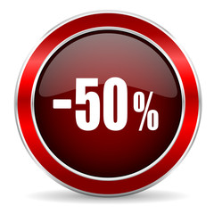 50 percent sale retail red circle glossy web icon, round button with metallic border
