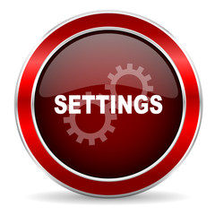 settings red circle glossy web icon, round button with metallic border