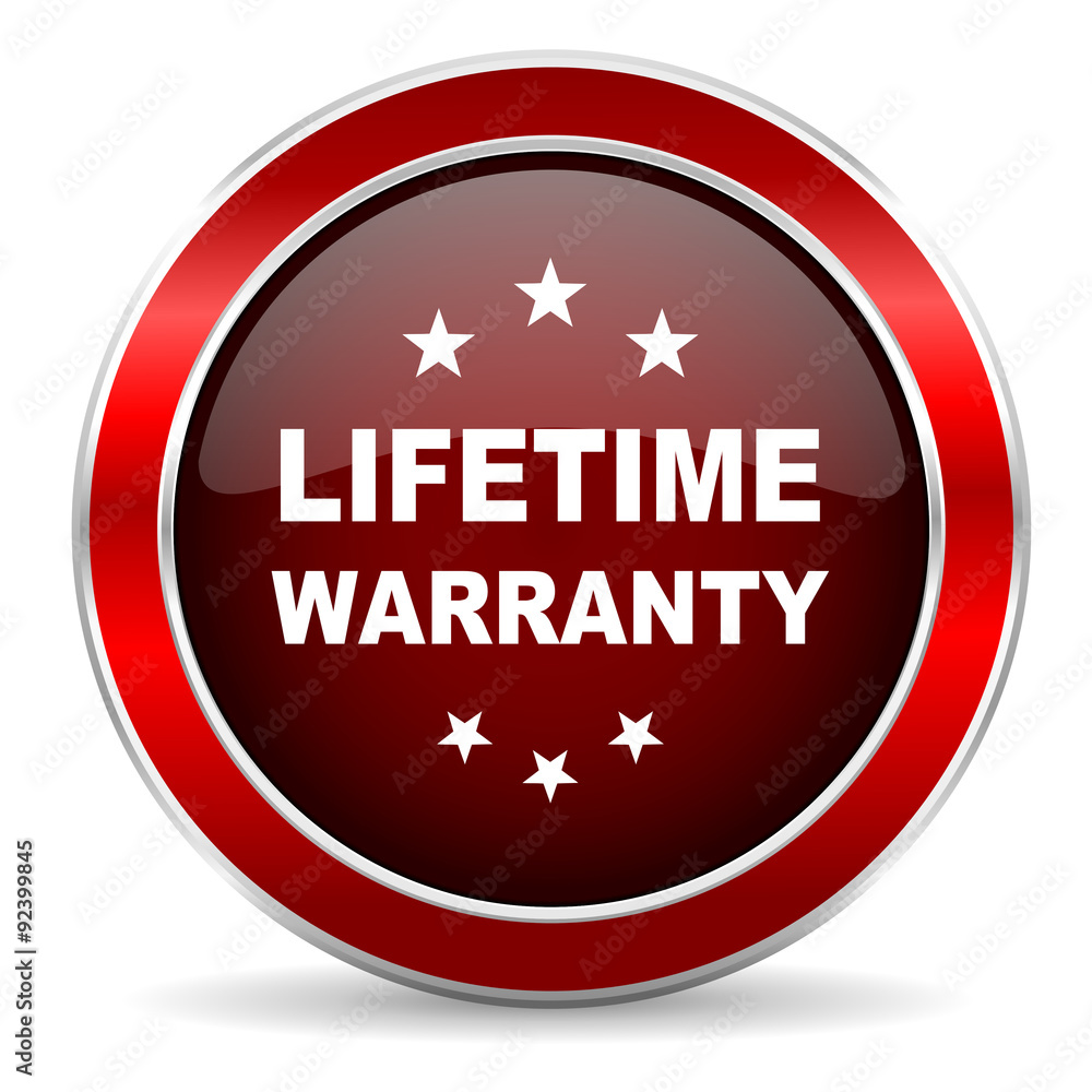 Poster lifetime warranty red circle glossy web icon, round button with metallic border