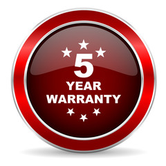 warranty guarantee 5 year red circle glossy web icon, round button with metallic border