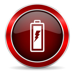 Obraz premium battery red circle glossy web icon, round button with metallic border