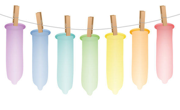 Condoms, seven colorful rubbers hung up on a clothes line rope. Illustration on white background.