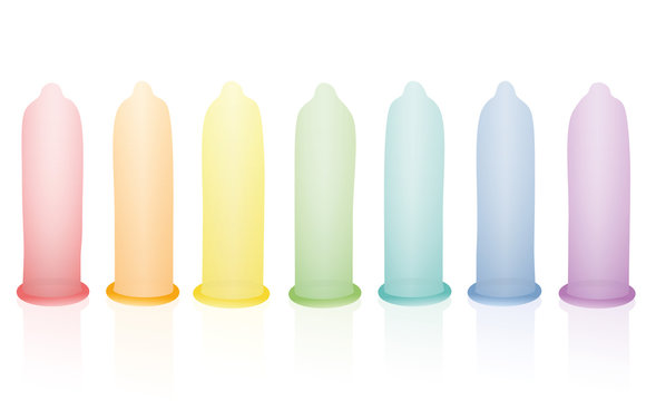 Condoms - colorful, erected, blown up, seven in a row. Illustration on white background.