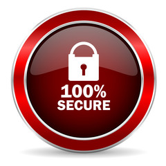 secure red circle glossy web icon, round button with metallic border