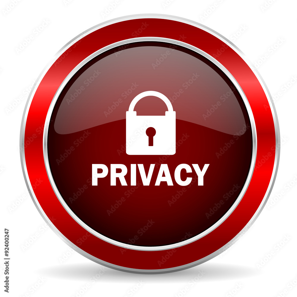 Poster privacy red circle glossy web icon, round button with metallic border
