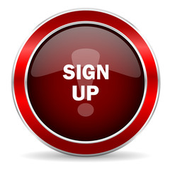 sign up red circle glossy web icon, round button with metallic border