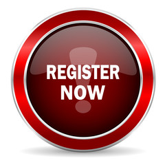 register now red circle glossy web icon, round button with metallic border