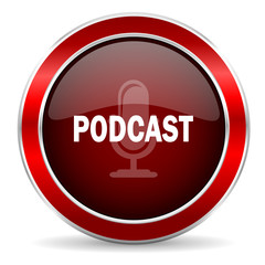 podcast red circle glossy web icon, round button with metallic border