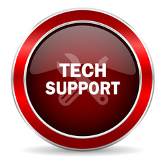 technical support red circle glossy web icon, round button with metallic border