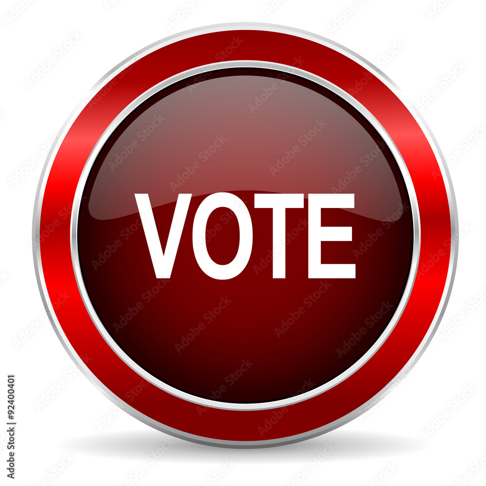 Poster vote red circle glossy web icon, round button with metallic border