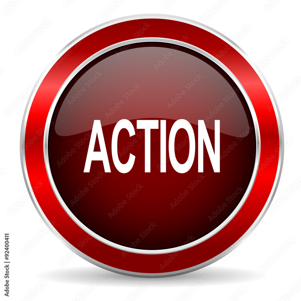 Aufkleber action red circle glossy web icon, round button with metallic border