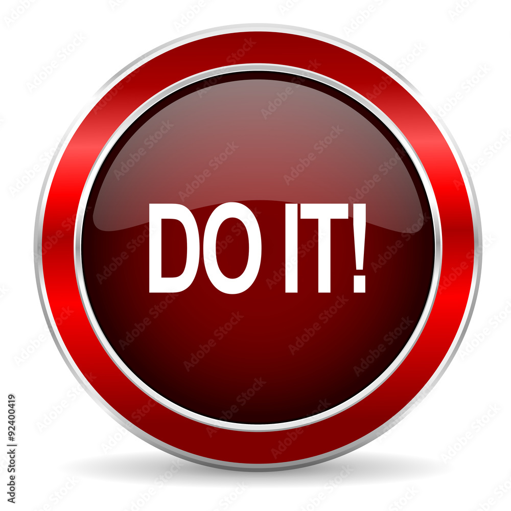 Poster do it red circle glossy web icon, round button with metallic border